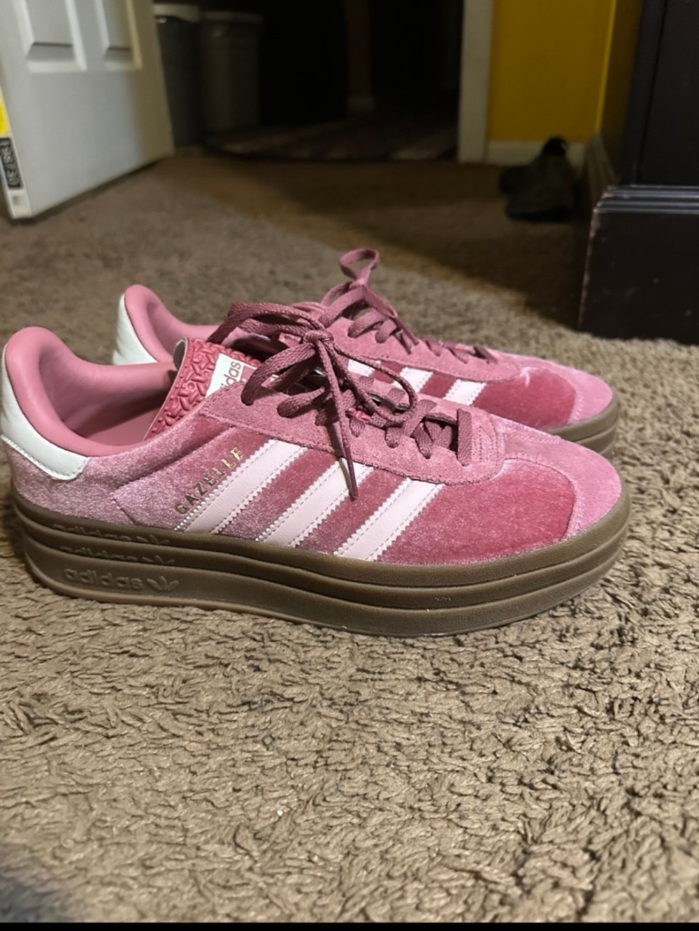 adidas Pink Suede Platform Sneakers with White Stripes